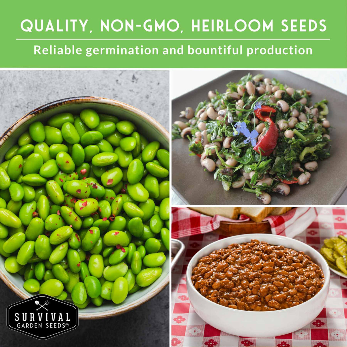 Collage of green beans, bean salad, and baked beans with text about quality, non-GMO, heirloom seeds from Survival Garden Seeds.