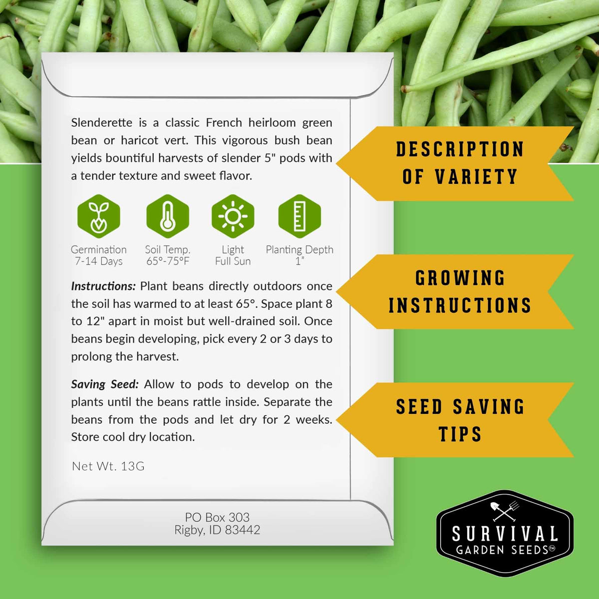 A printed seed packet for Slenderette bean seeds from Survival Garden Seeds, shown against a green beanstalk background. The packet contains growing instructions, seed saving tips, and variety description.