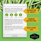 A printed seed packet for Slenderette bean seeds from Survival Garden Seeds, shown against a green beanstalk background. The packet contains growing instructions, seed saving tips, and variety description.