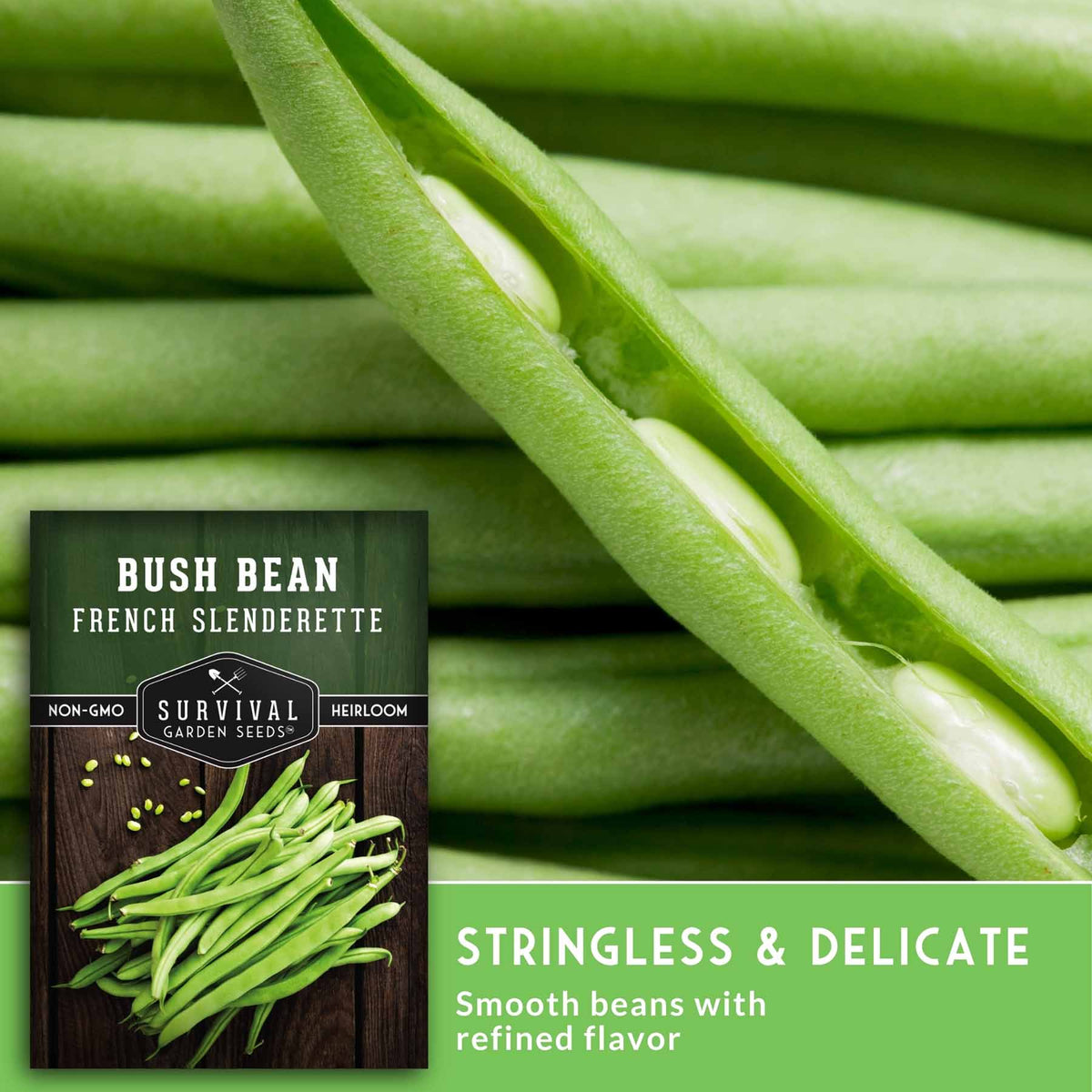Close-up of green stringless bush bean pods with a product label inset showing 'Bush Bean French Slenderette' by Survival Garden Seeds, plus text reading 'Stringless & Delicate' and 'Smooth beans with refined flavor.'.