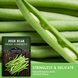 Close-up of green stringless bush bean pods with a product label inset showing 'Bush Bean French Slenderette' by Survival Garden Seeds, plus text reading 'Stringless & Delicate' and 'Smooth beans with refined flavor.'.