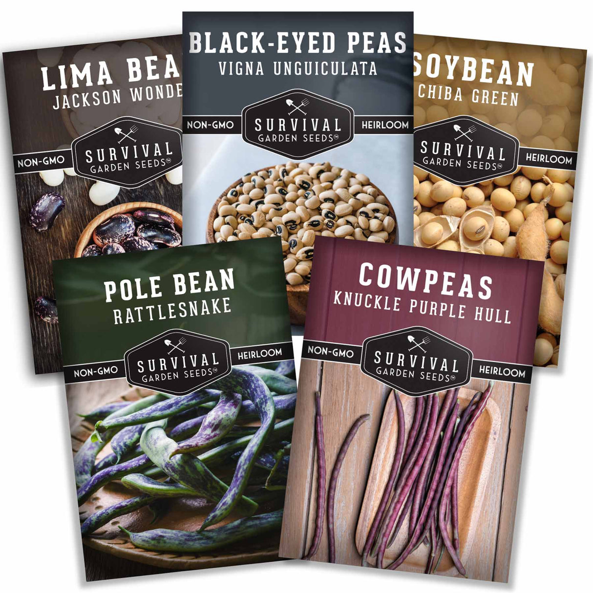 Five packages of Survival Garden Seeds with different types of beans and peas.