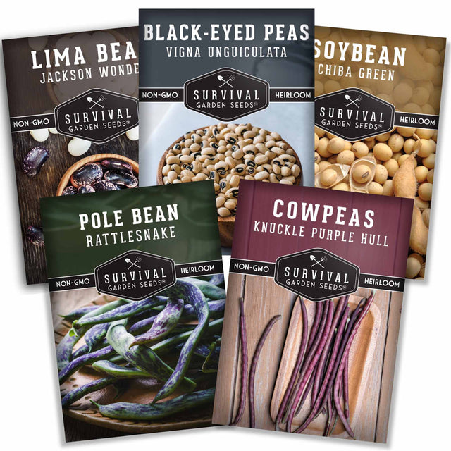 Five packages of Survival Garden Seeds with different types of beans and peas.