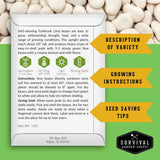 An informational product graphic for AAS-winning Fordhook Lima beans from Survival Garden Seeds. The layout features a white card with text and icons detailing growing conditions, instructions, and seed-saving tips, set against a background of green and light gray with a photo of lima beans.