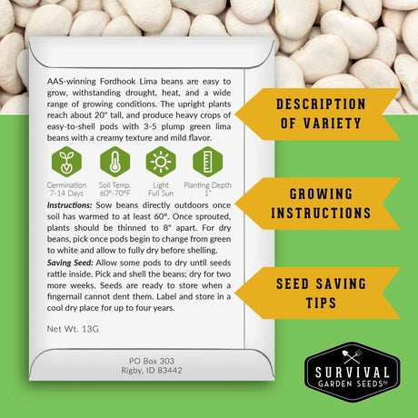 An informational product graphic for AAS-winning Fordhook Lima beans from Survival Garden Seeds. The layout features a white card with text and icons detailing growing conditions, instructions, and seed-saving tips, set against a background of green and light gray with a photo of lima beans.