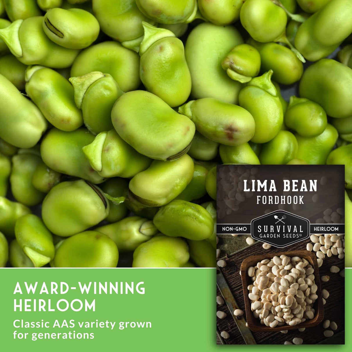 Green lima beans filling the frame, with a seed packet labeled 'Lima Bean Fordhook' and text reading 'Award-Winning Heirloom' on a green banner at the bottom.