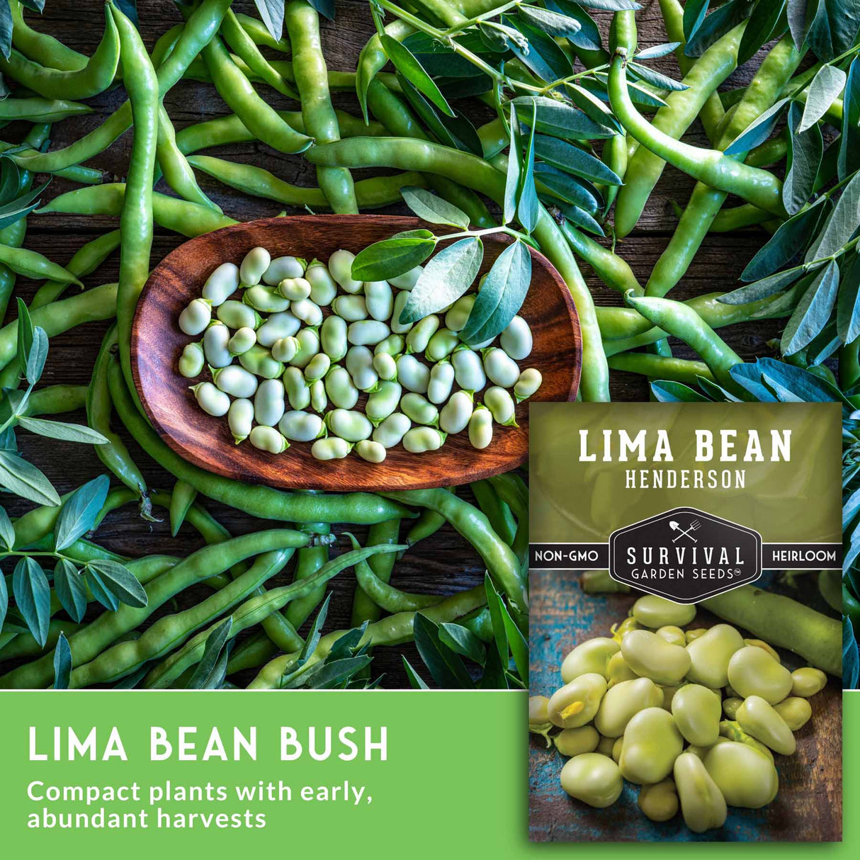 Lima bean seeds and pods with a label for 'Lima Bean Henderson' seeds on a wooden surface.