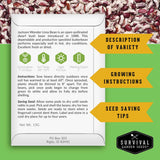 A product information card for Jackson Wonder Lima Bean from Survival Garden Seeds, featuring growing instructions, seed saving tips, and variety description. The card is styled on a green and white background with a photo of dried lima beans at the top and yellow callout arrows pointing to sections labeled 'Description of Variety', 'Growing Instructions', and 'Seed Saving Tips'.