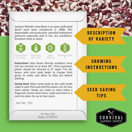 A product information card for Jackson Wonder Lima Bean from Survival Garden Seeds, featuring growing instructions, seed saving tips, and variety description. The card is styled on a green and white background with a photo of dried lima beans at the top and yellow callout arrows pointing to sections labeled 'Description of Variety', 'Growing Instructions', and 'Seed Saving Tips'.
