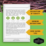 An informational product graphic for Survival Garden Seeds showing a white card with text about red noodle asparagus beans, icons for germination, soil temp, light, and planting depth, growing instructions, and seed saving tips, with green arrow callouts labeled 'Description of Variety,' 'Growing Instructions,' and 'Seed Saving Tips.'.