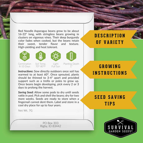 An informational product graphic for Survival Garden Seeds showing a white card with text about red noodle asparagus beans, icons for germination, soil temp, light, and planting depth, growing instructions, and seed saving tips, with green arrow callouts labeled 'Description of Variety,' 'Growing Instructions,' and 'Seed Saving Tips.'.