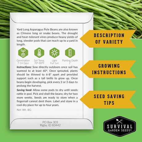 A white seed packet for 'Yard Long Asparagus Pole Beans' by Survival Garden Seeds, displayed against a background of green beans. The packet contains variety descriptions, growing instructions, and seed saving tips, with three orange arrow graphics pointing to key sections.