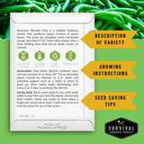 Kentucky Wonder Pole green bean seed packet with growing instructions and seed saving tips on a green background.
