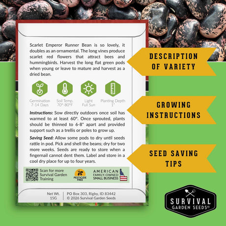 A seed-saving and growing information card for Scarlet Emperor Runner Bean seeds by Survival Garden Seeds, set against a green background with a photo of the beans at the top and yellow callout banners on the right.
