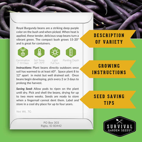 Royal Burgundy seed packet with growing instructions and seed saving instructions.