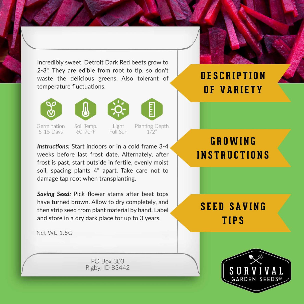 Back of beet seed packet with growing instructions and seed saving information