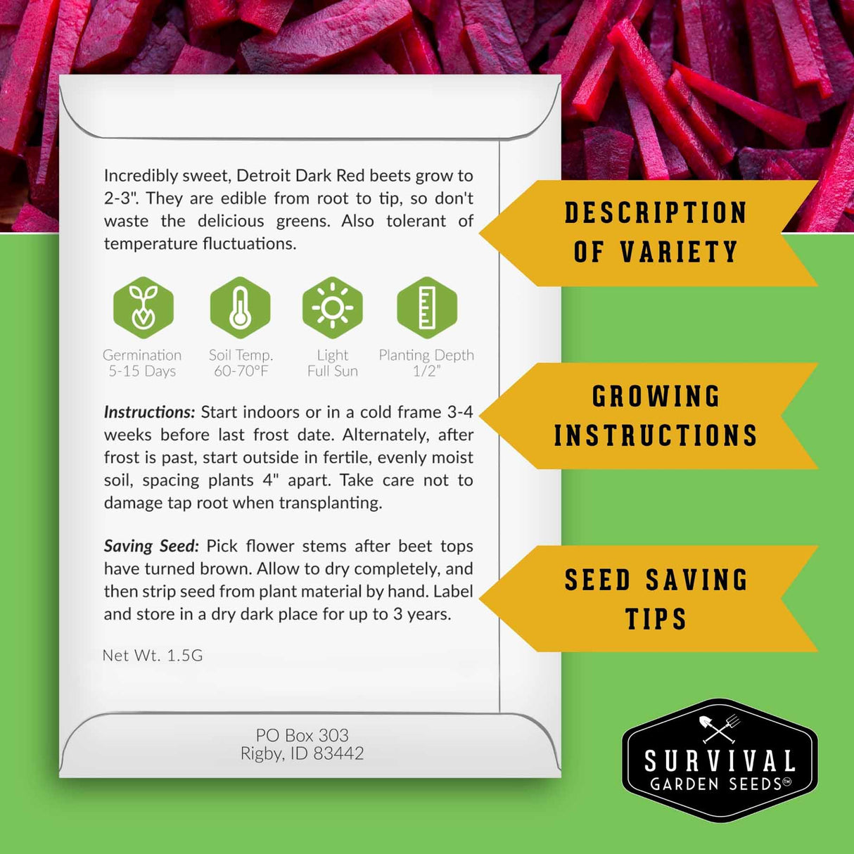 A white informational card with text and icons about Detroit Red Dark beets, overlaid on a green and pink background with yellow callout arrows reading 'Description of Variety,' 'Growing Instructions,' and 'Seed Saving Tips.' A Survival Garden Seeds logo appears at the bottom right.