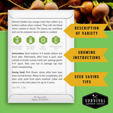 A product information card for Detroit Golden beet seeds, featuring growing instructions, seed saving tips, and variety description. The card is set against a green background with a photo of ripe beets in the top right and three yellow callout banners on the right labeled 'DESCRIPTION OF VARIETY', 'GROWING INSTRUCTIONS', and 'SEED SAVING TIPS'.