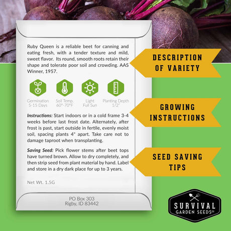 An informational product graphic for Survival Garden Seeds featuring a white card with text and icons about the Ruby Queen beet variety, alongside yellow callout banners reading 'Description of Variety,' 'Growing Instructions,' and 'Seed Saving Tips,' with beet roots in the background.