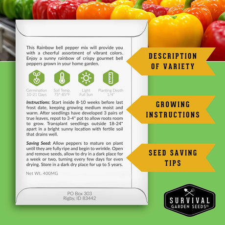 Pepper seed packet back with growing instructions and seed saving info