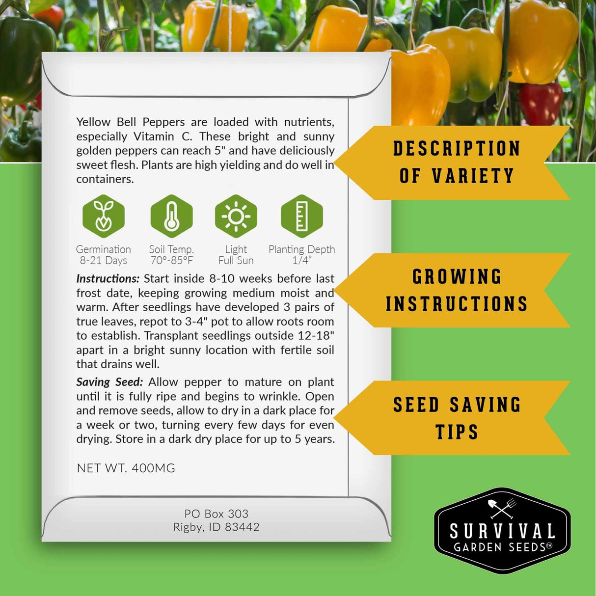 Survival Garden Seeds packaging for yellow bell peppers with text and branding.