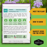 An informational card for Survival Garden Seeds detailing care instructions, growing zones, and seed-saving steps, set against a background of green leaves and flowers with yellow callout banners.