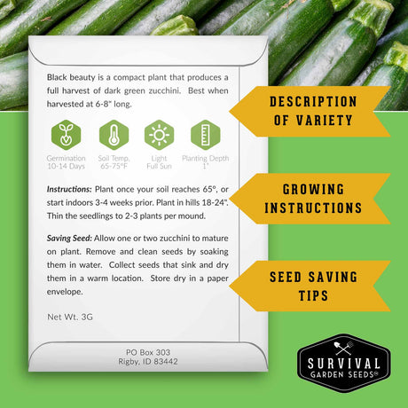 Seed packet for zucchini with growing instructions and seed saving tips on a green background with zucchinis.