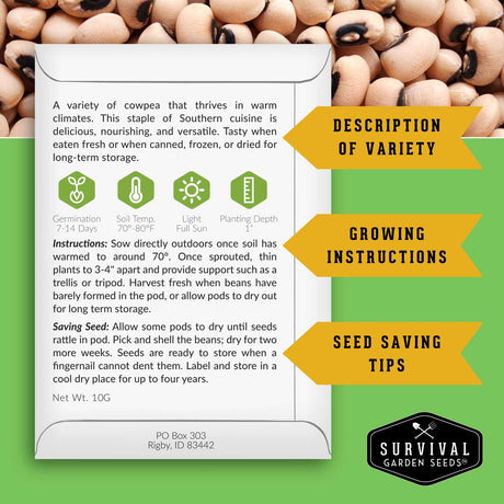 Seed packet for cowpea with growing instructions and seed saving tips on a green background.