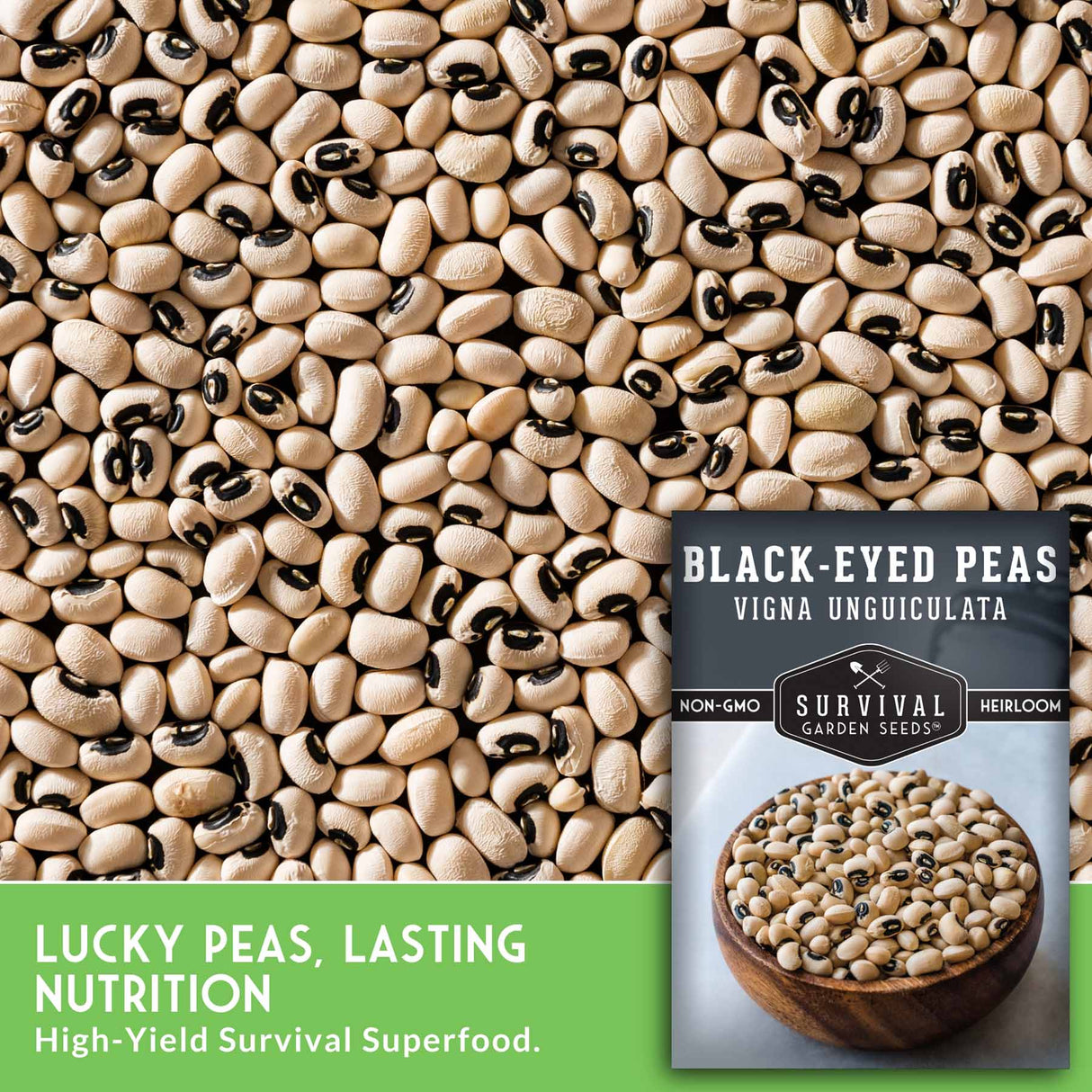 Black-eyed peas with a package labeled 'Survival Garden Seeds' on a textured background.