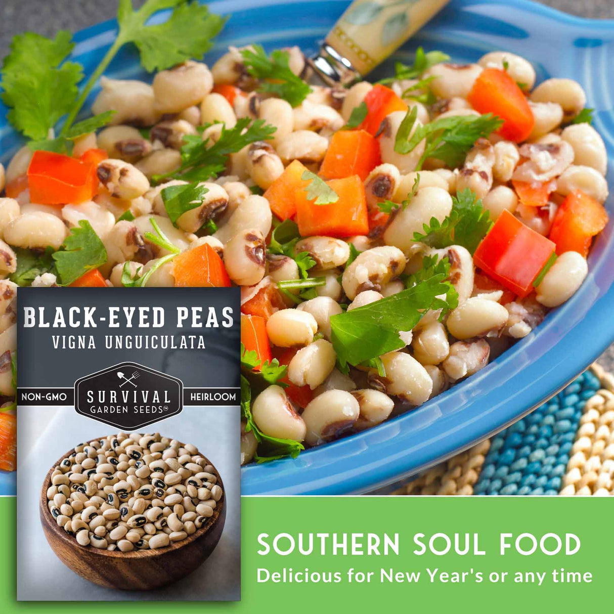 Black-eyed pea salad with carrots and cilantro on a blue plate, featuring Survival Garden Seeds packaging.