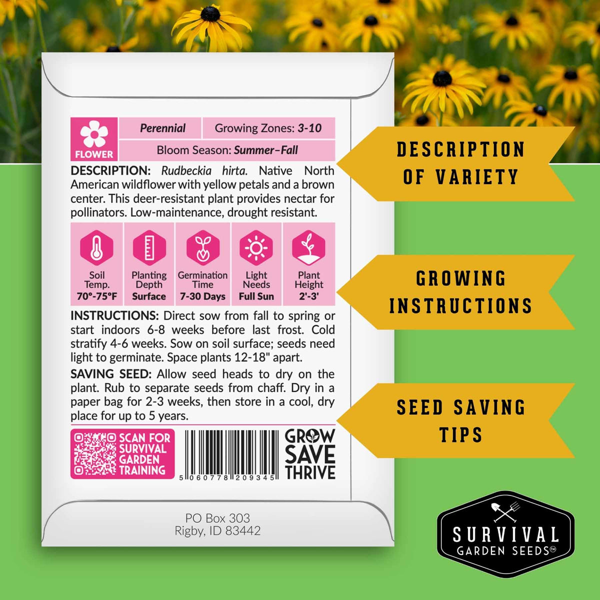 A product information card for Rudbeckia hirta from Survival Garden Seeds, displayed against a background of yellow sunflowers. The card features a white base with pink and magenta text blocks, pink growing icons, and black text detailing the plant's description, growing instructions, and saving tips.