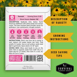 A product information card for Rudbeckia hirta from Survival Garden Seeds, displayed against a background of yellow sunflowers. The card features a white base with pink and magenta text blocks, pink growing icons, and black text detailing the plant's description, growing instructions, and saving tips.