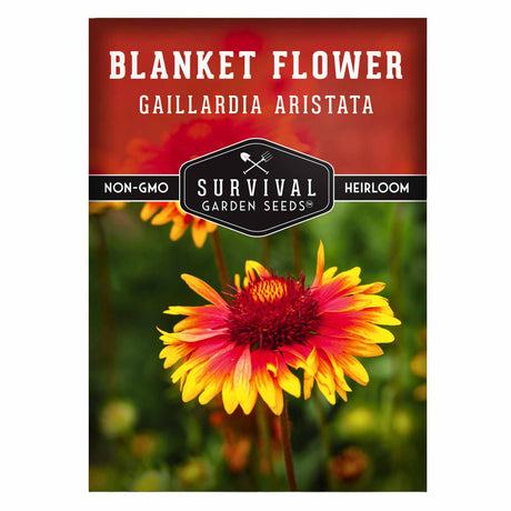 Survival Garden Seeds blanket flower seed packet with a red and yellow flower on a white background