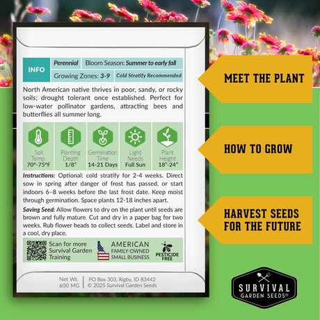 Blanket flower seed packet back with growing instructions and seed saving information