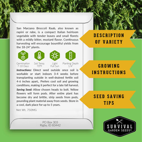 Seed packet with growing instructions and variety details on a green background