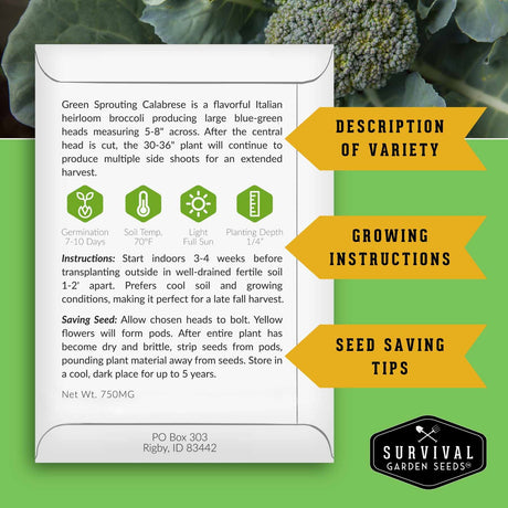 A printed card with growing and variety information for Green Sprouting Calabrese broccoli, shown against a green leafy background. The card includes descriptive text, growth icons, planting instructions, and a Survival Garden Seeds logo.