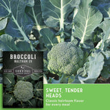 Broccoli plant in a garden with a seed packet inset showing the brand Survival Garden Seeds and variety Waltham 29, plus text reading 'Sweet, Tender Heads' on a green banner.