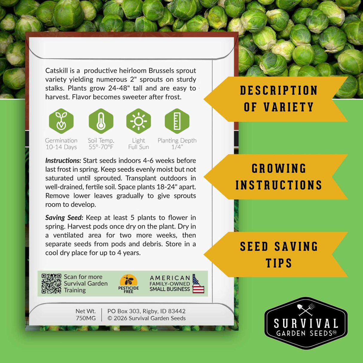 Survival Garden Seeds Brussels sprout seed packet with text and graphics on a green background