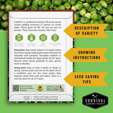 Survival Garden Seeds Brussels sprout seed packet with text and graphics on a green background