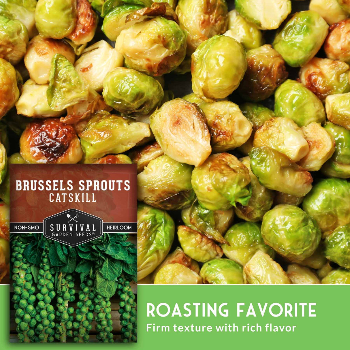 Brussels sprouts with a label for Catskill Survival Garden Seeds on the left.
