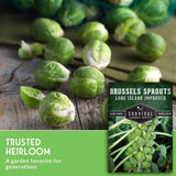 Fresh green Brussels sprouts scattered on a rustic wooden surface with a seed packet shown at the lower right. Text on the image reads 'TRUSTED HEIRLOOM' and 'A garden favorite for generations.