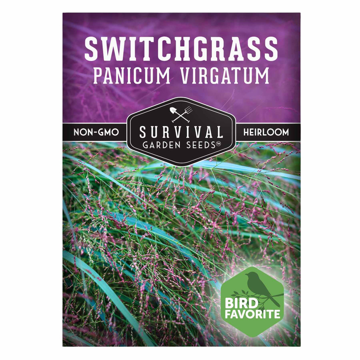 Survival Garden Seeds Switchgrass Panicum Virgatum seed packet with purple background and green grass image.