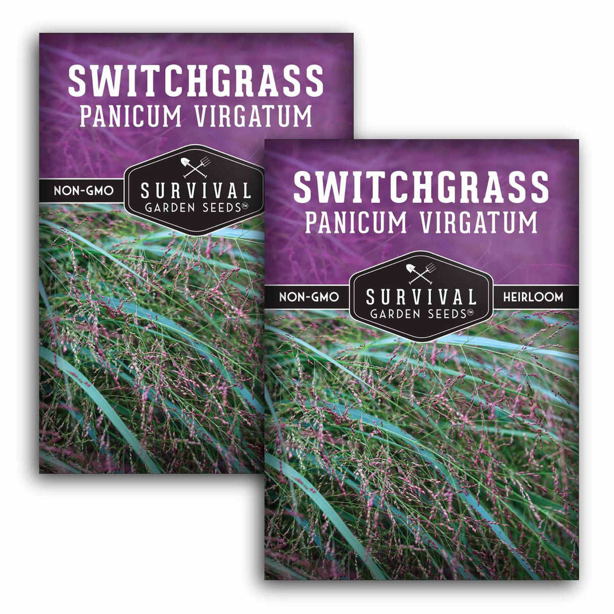 Two packages of Survival Garden Seeds Switchgrass on a white background