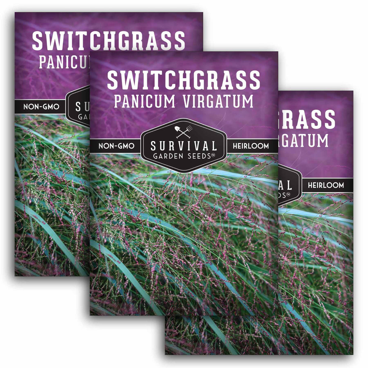 Three packages of Survival Garden Seeds Switchgrass on a white background
