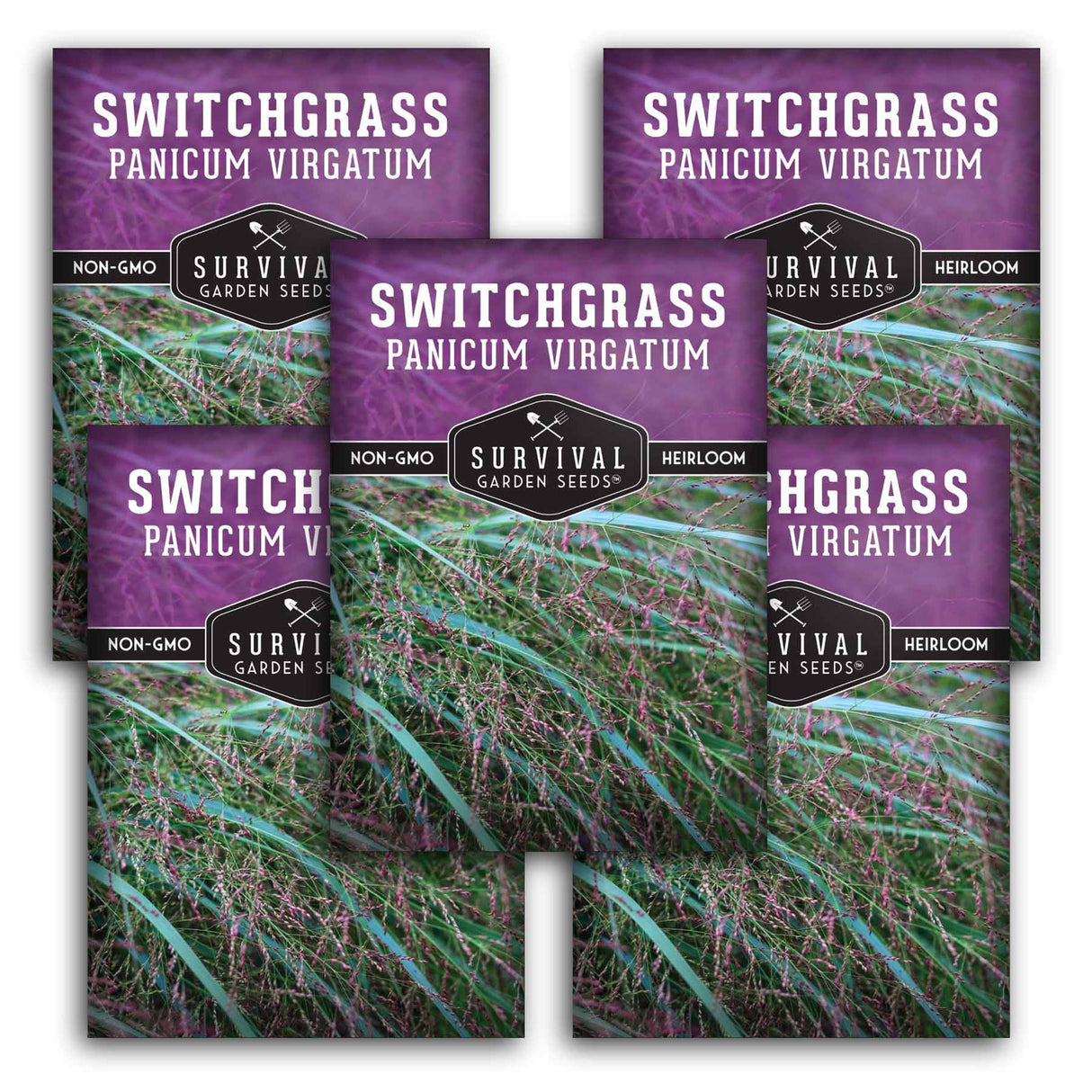 Five packages of Survival Garden Seeds Switchgrass on a white background