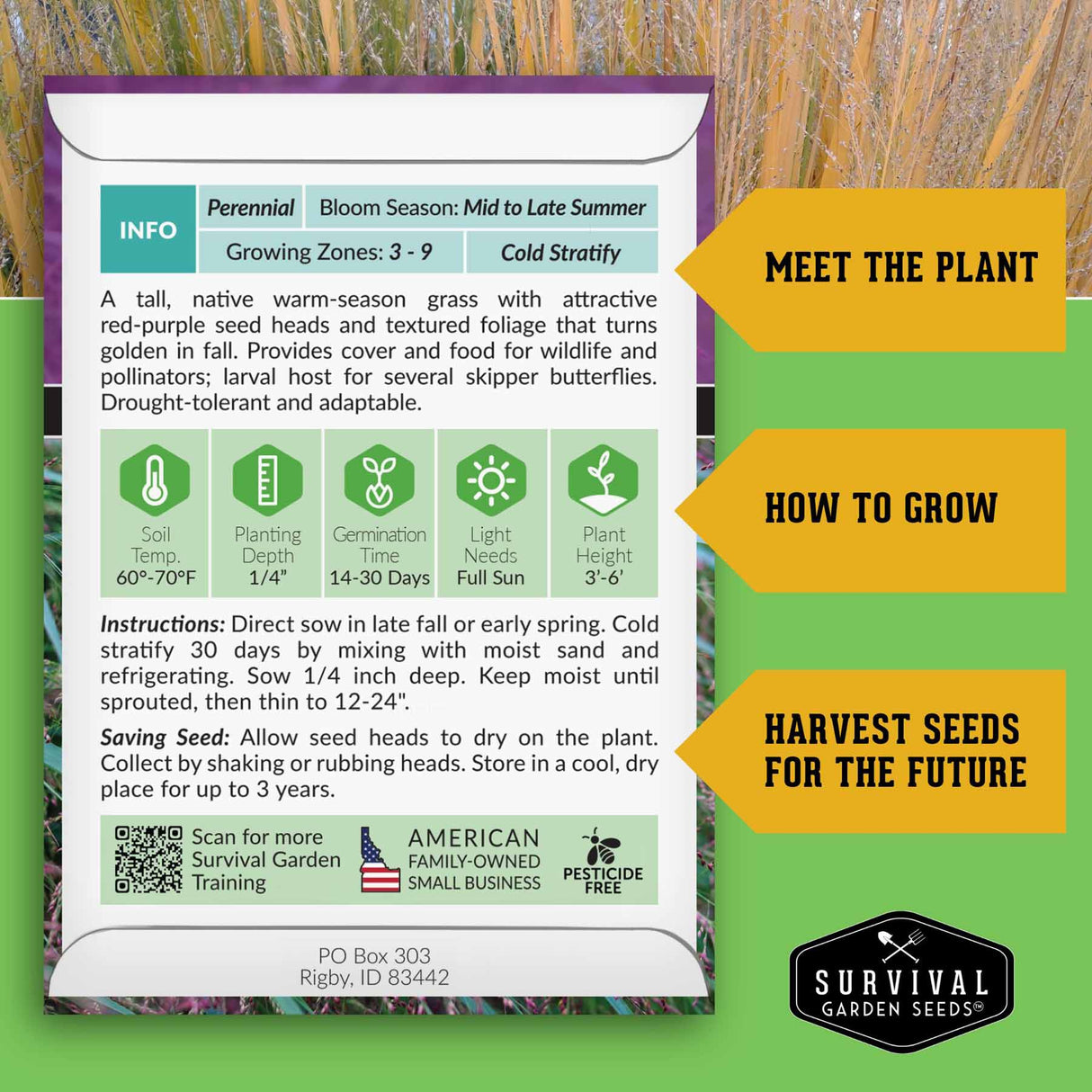 Survival Garden Seeds packaging with plant information and growing instructions.