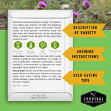 Burdock seed packet with growing instructions and survival garden seeds branding
