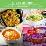 Various cabbage dishes with text that says Kitchen Essentials, green, red and napa cabbages