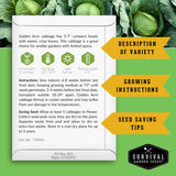 Survival Garden Seeds packaging for Golden Acre cabbage with growing instructions and seed saving tips.