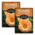 Two packages of Survival Garden Seeds Calendula Apricot Beauty with a close-up of the flower.